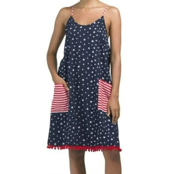 New! AMERICA & BEYOND American Flag Patriotic Print Mini Dress Beach Cover-up - Picture 1 of 7